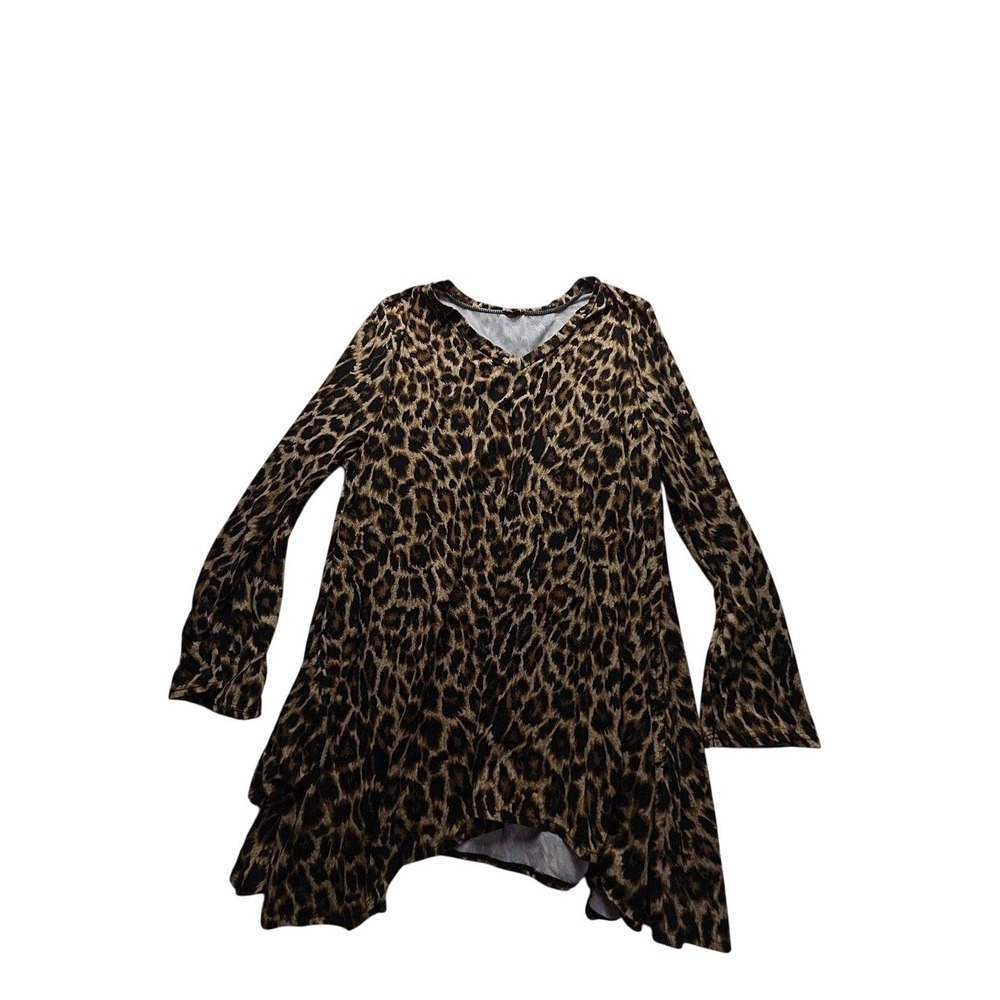 Blouse Womens Large Brown V Neck Long Sleeve Leopard Print Tunic Top